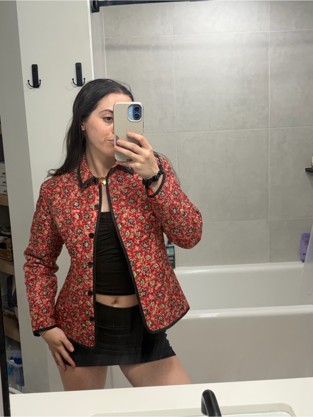 100% silk Red Floral Quilted Jacket - Women's